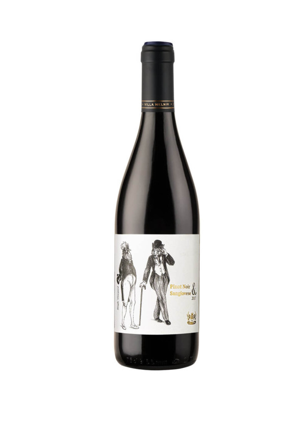 The image shows a bottle of wine with a dark glass body and a black capsule on the top. The label on the bottle features two illustrated figures dressed in historical attire. The text on the label reads Pinot Noir & Sangiovese 2017. The name Villa Melnik is also present on the bottle's neck. The design gives an elegant and classic appearance.