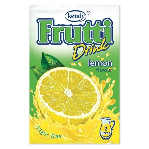 The image shows a package of Kendy Frutti Drink with lemon flavor. The packaging features a prominent, sliced lemon with vibrant, splashing juice against a green background. The words lemon flavour, sugar free, and 2 litres are displayed. The Frutti Drink branding is in bold, colorful font.