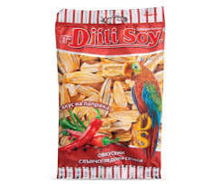 The image shows a product package for Djili Soy. The packaging is primarily red and features a colorful parrot and red chili peppers. The background displays images of soy nuts. There is text in Cyrillic which likely describes flavor or product details.