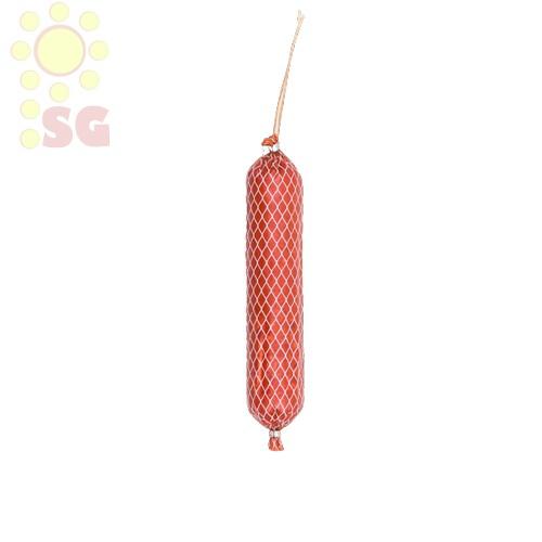 The image shows a cylindrical sausage encased in a reddish-orange netting. It is tied at both ends, with a string extending from the top for hanging. The background is plain white, and there is a faint watermark of SG with a sun design in the top left corner.